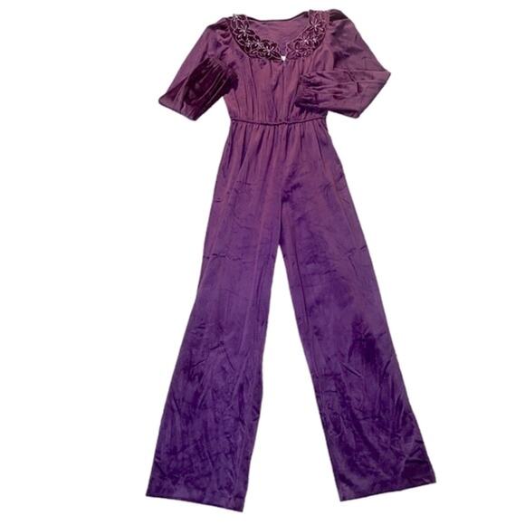 Vtg Velvet Floral Appliqué Elastic Waist Wide Leg Loungewear Jumpsuit Size S - Picture 1 of 6